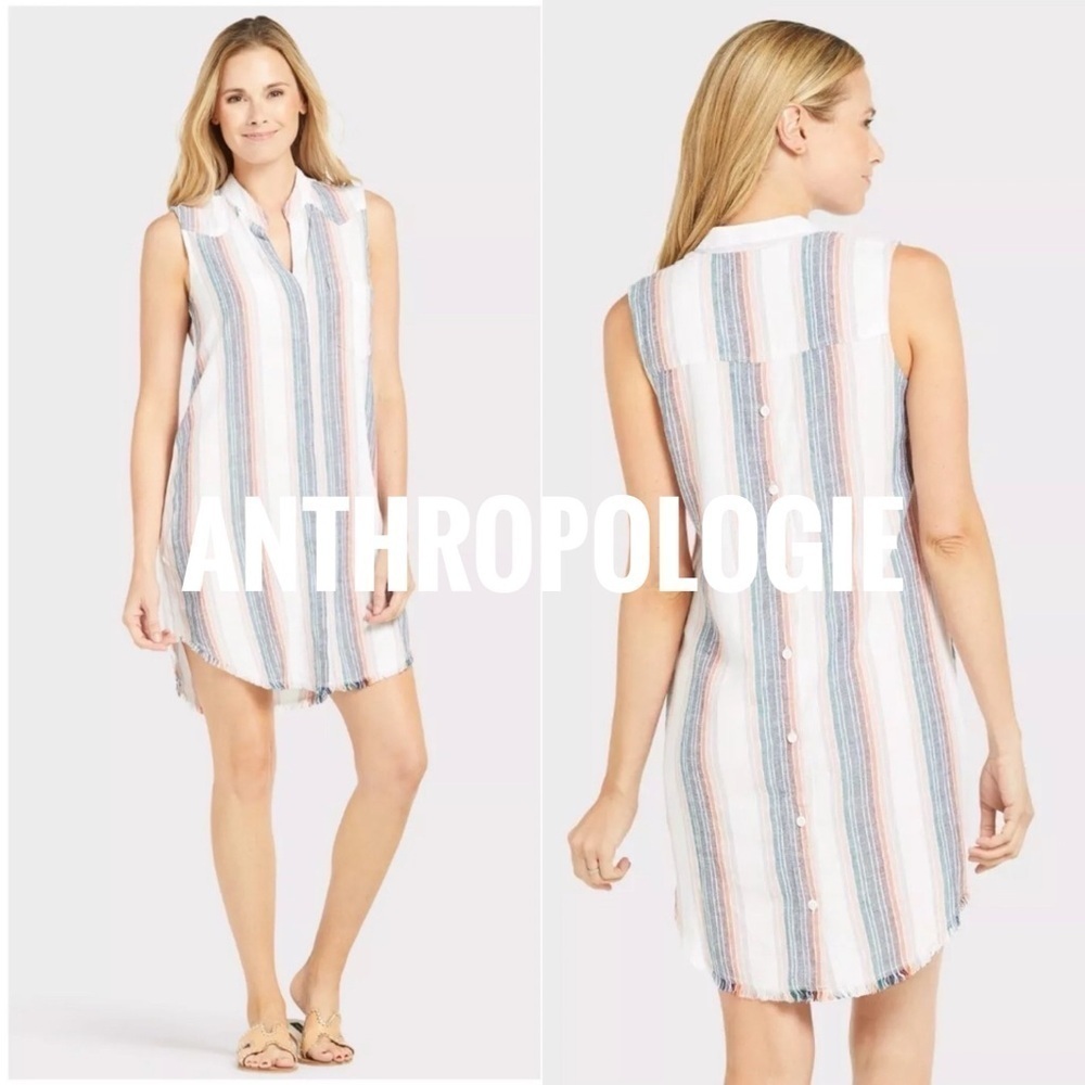 Anthropologie Cloth & Stone Stripe Fray Button Down Sleeveless/Shirt Dress sizeS